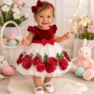 Baby Girls Easter Red & White Tulle Floral Spring Dress Photoshoot Sz 12m